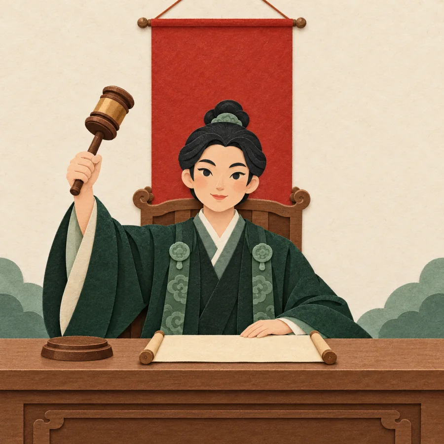 A judge in a green robe raises a gavel above a bench