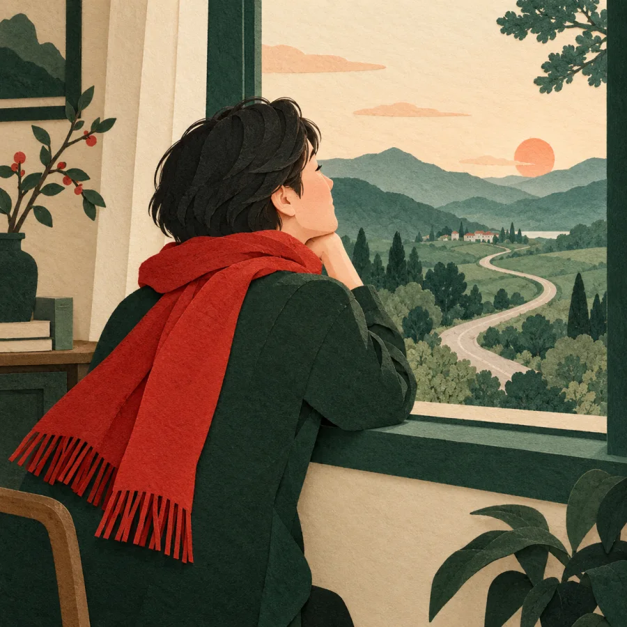 A person in a red scarf gazes expectantly out a window
