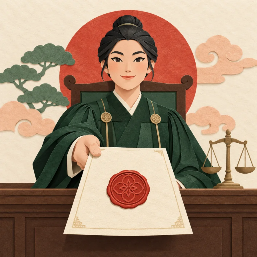 A judge hands down a sealed document beside small scales