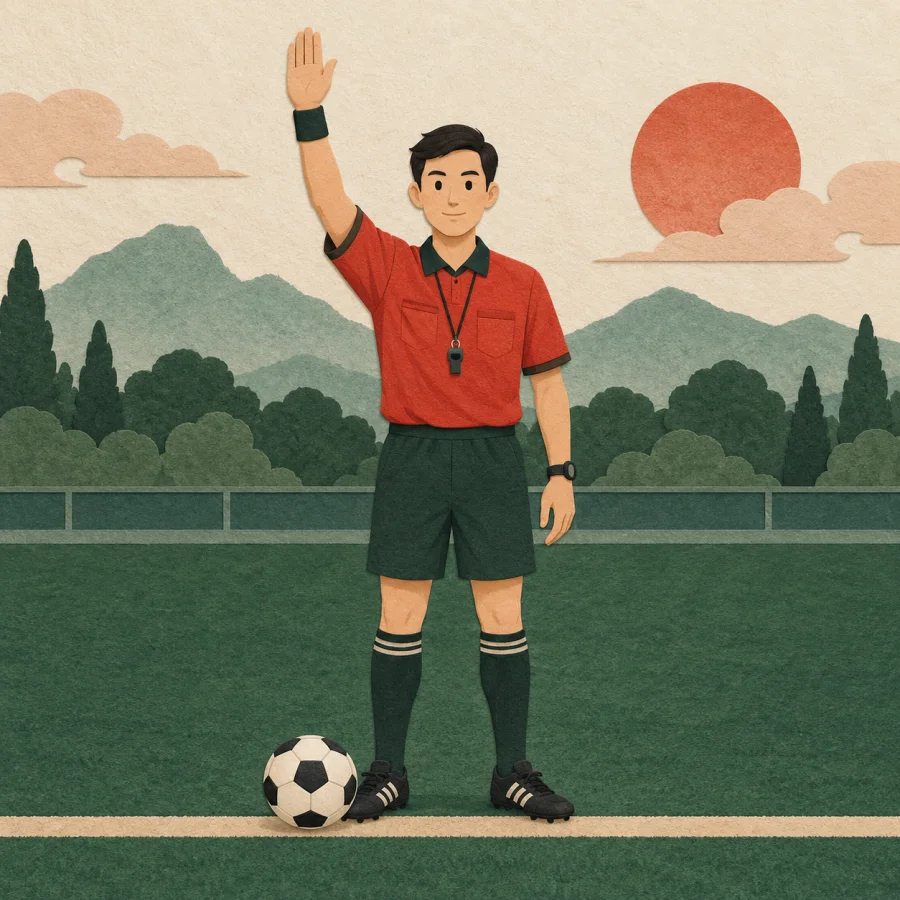 A referee in red holds up a hand beside a ball on the line