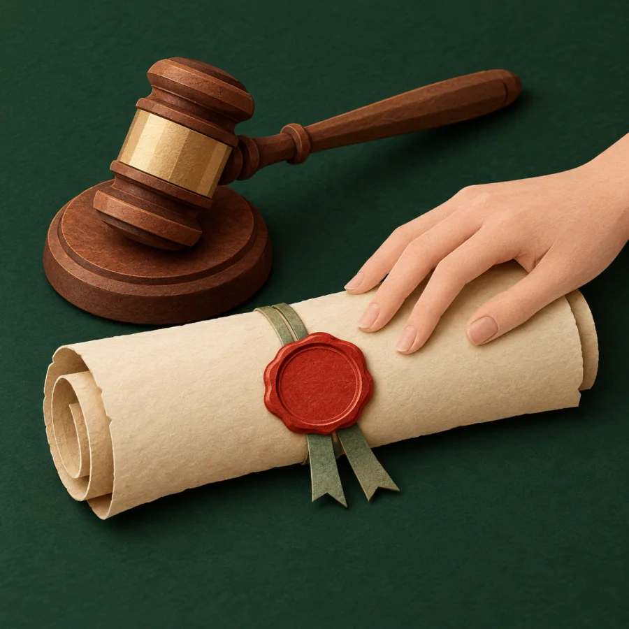 A scroll with a red seal and a gavel on a desk