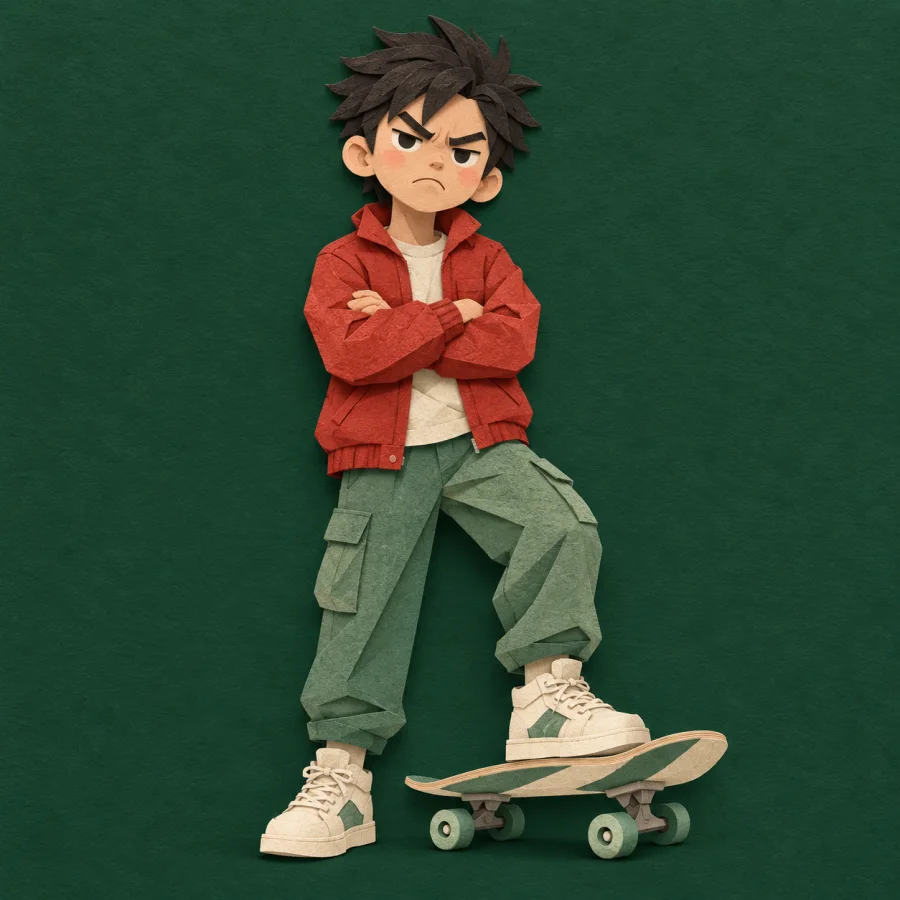 A scowling teenager with crossed arms and a skateboard