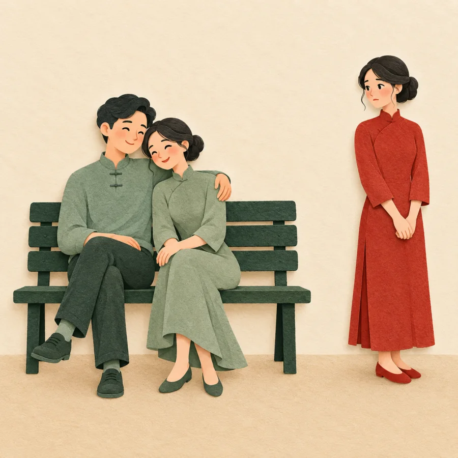 Two people share a bench while an onlooker stands apart