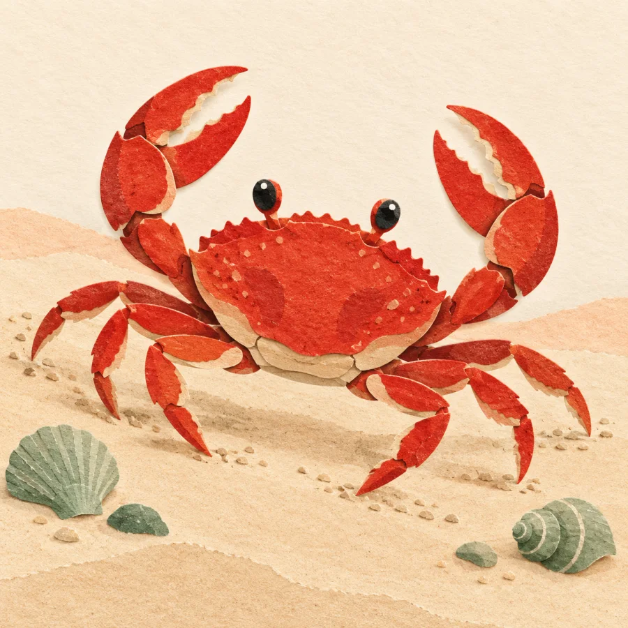 A red crab with raised claws on a sandy beach