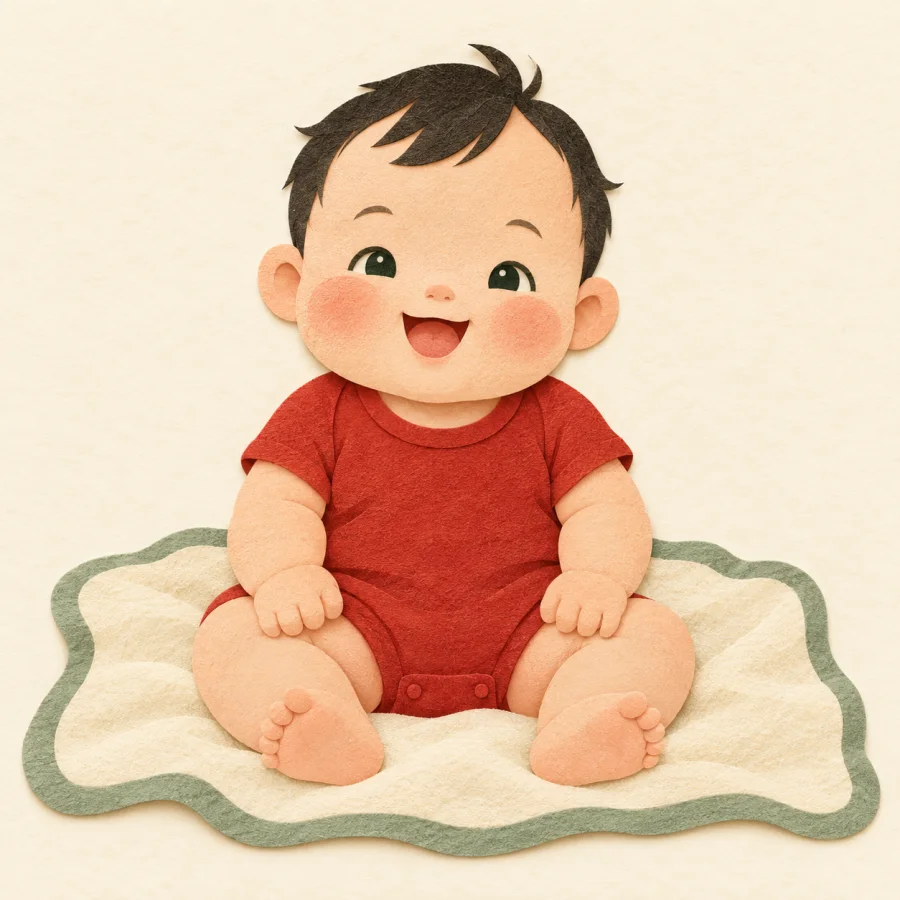 A round-cheeked baby in a red onesie sits smiling