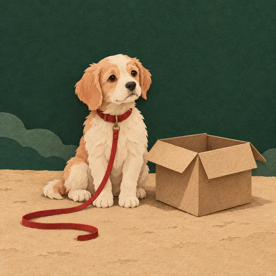 A small dog sits alone beside an empty box on a road