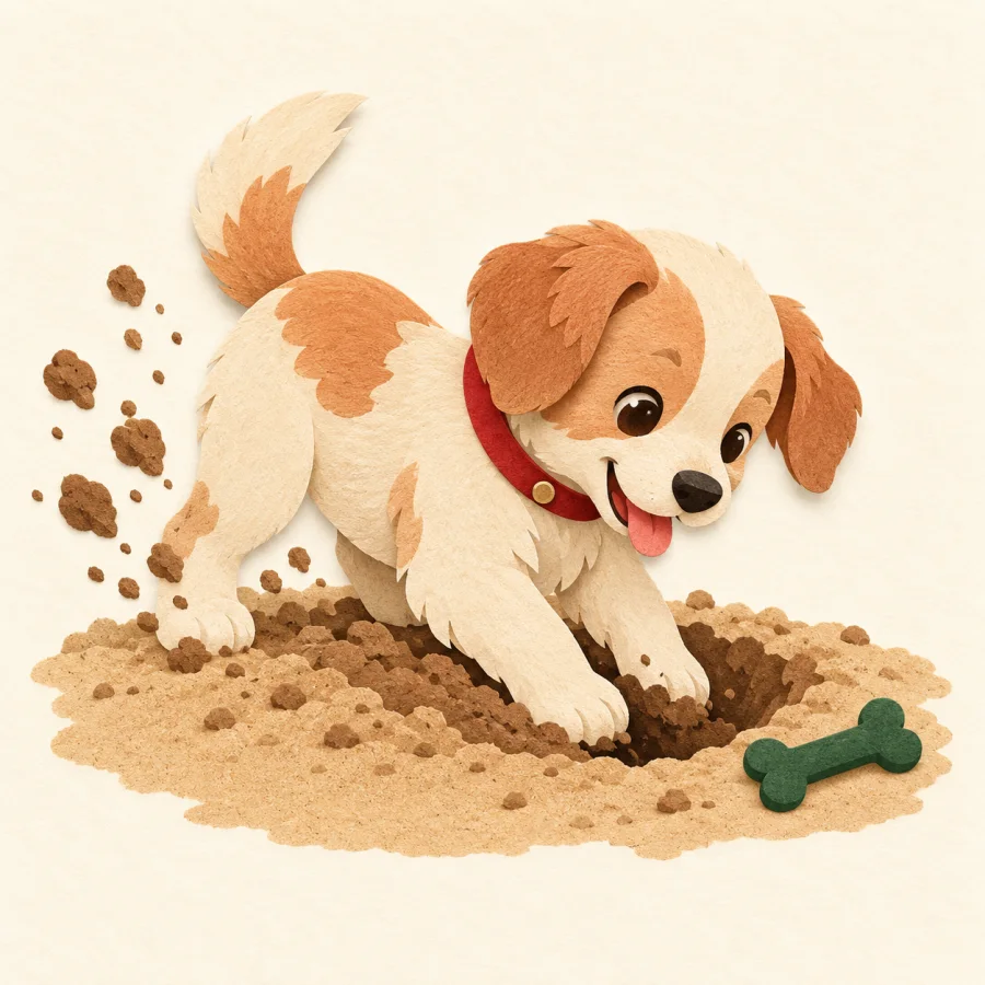 A puppy digs a hole in the ground with a bone nearby