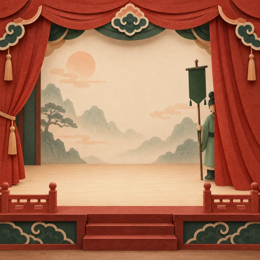 A figure in a green costume holds a flag at the side of a stage