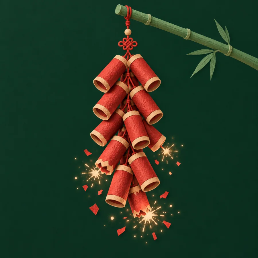 A string of red firecrackers on a bamboo pole with sparks