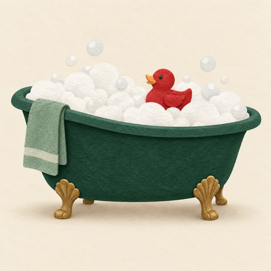 A bathtub full of foam with a red toy duck on top