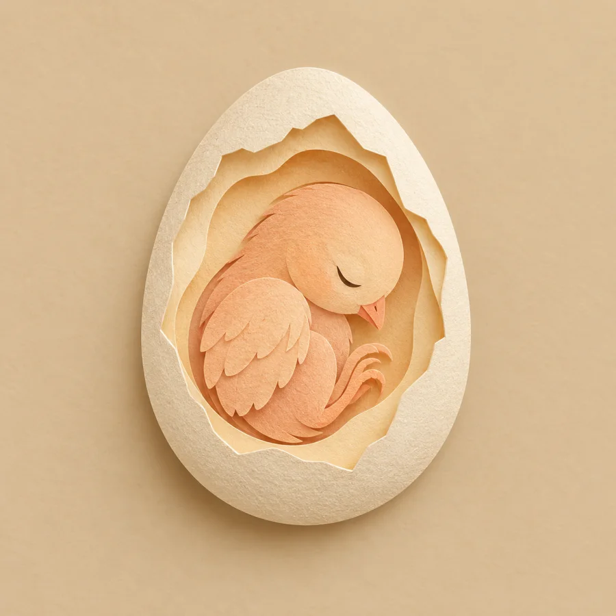 A cross-section of an egg with a tiny chick curled inside