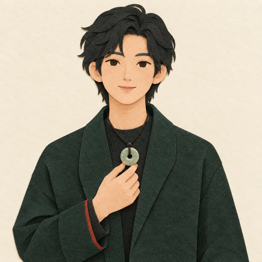 A person in a green coat touches a jade pendant at the neck