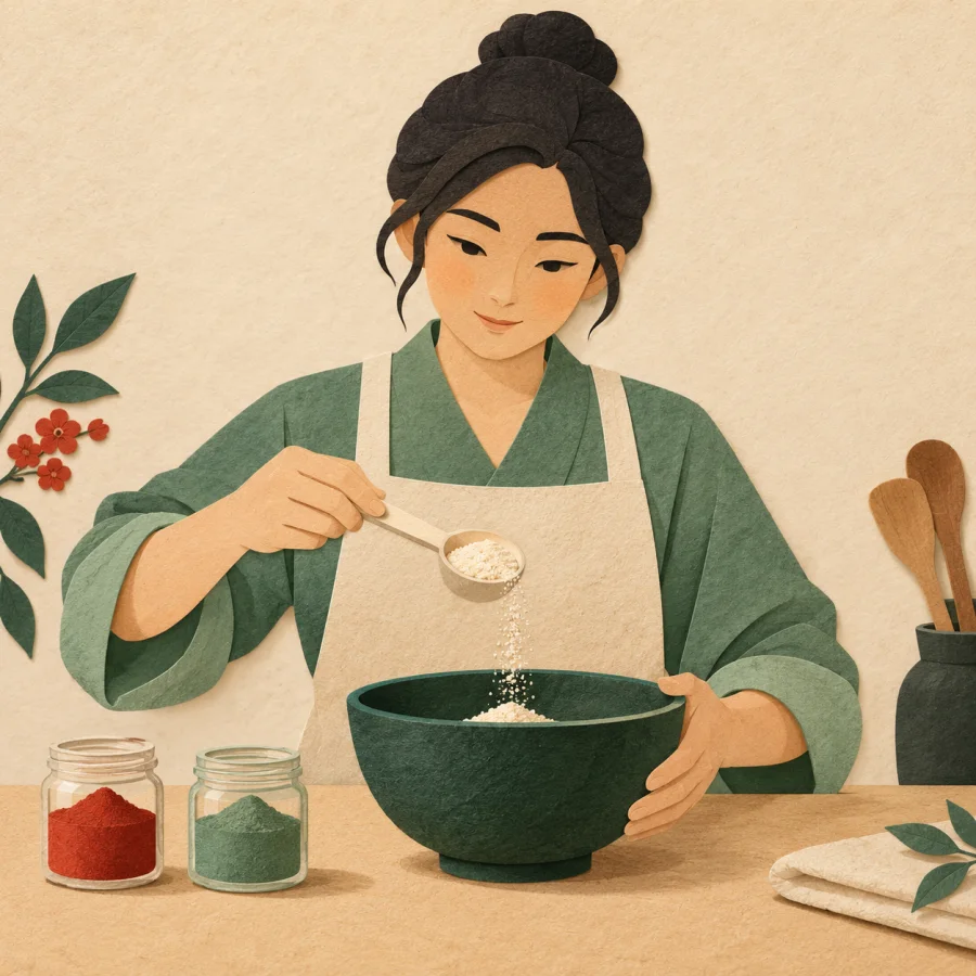 A cook measures powders into a bowl beside small jars