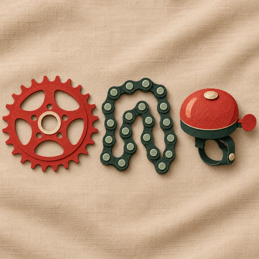 A gear, chain and bell from a bicycle laid out on cloth