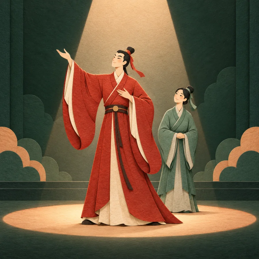 A tall performer in the spotlight with a smaller one behind