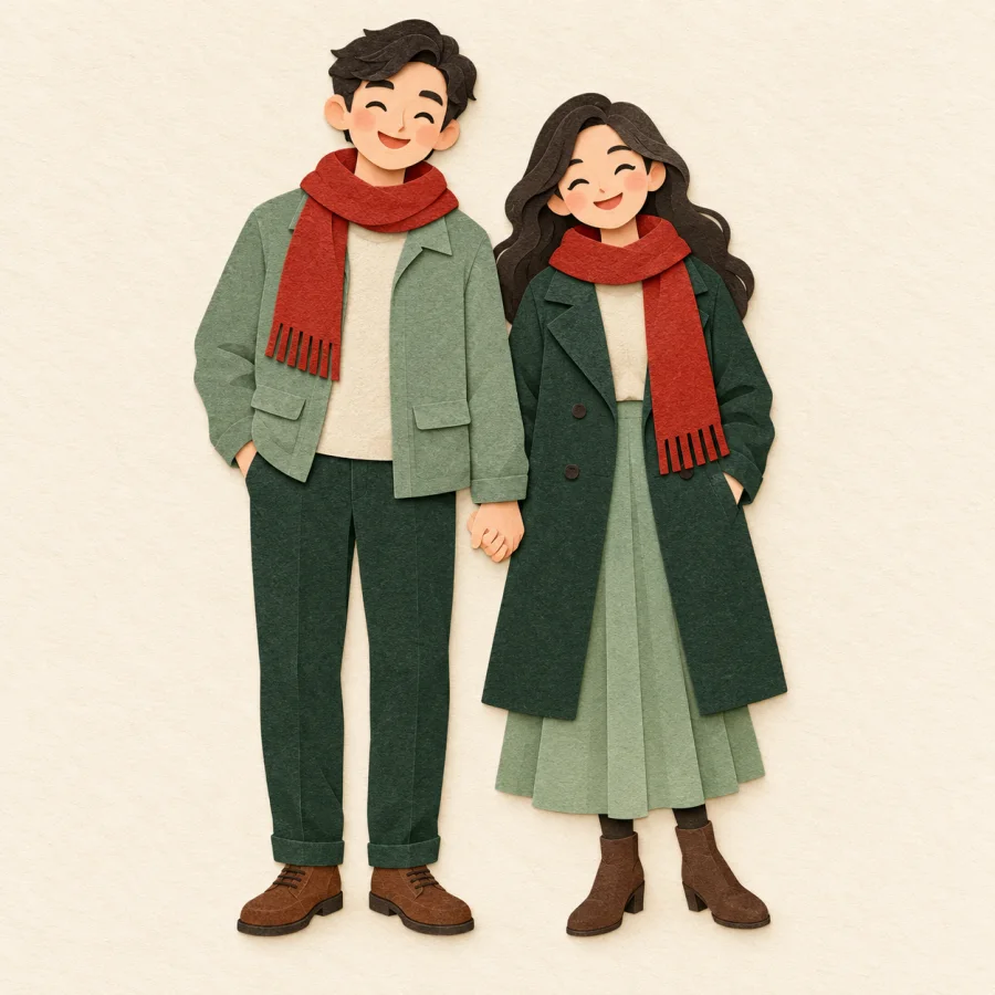 A couple in matching red scarves holds hands