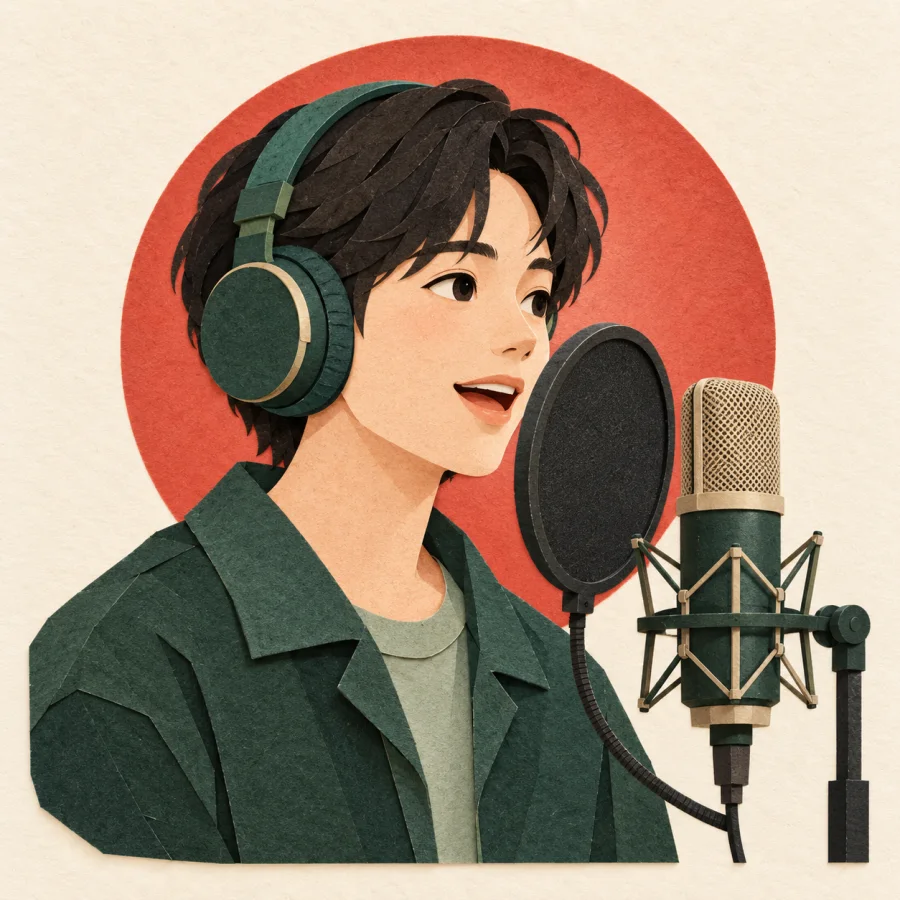 A person in headphones speaks into a standing microphone