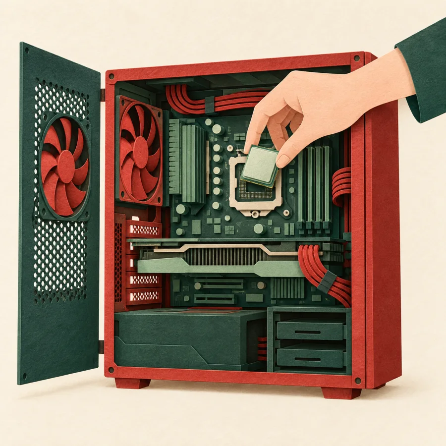 A hand inserts a green chip into a computer slot