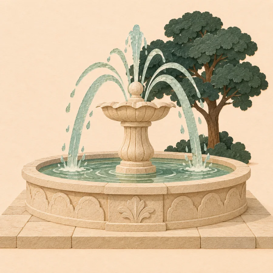 A stone fountain with arcs of water on a sandy square