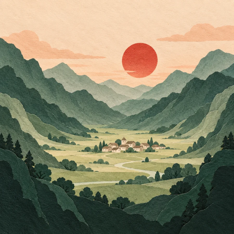 A bowl-shaped valley ringed by mountains with a tiny village