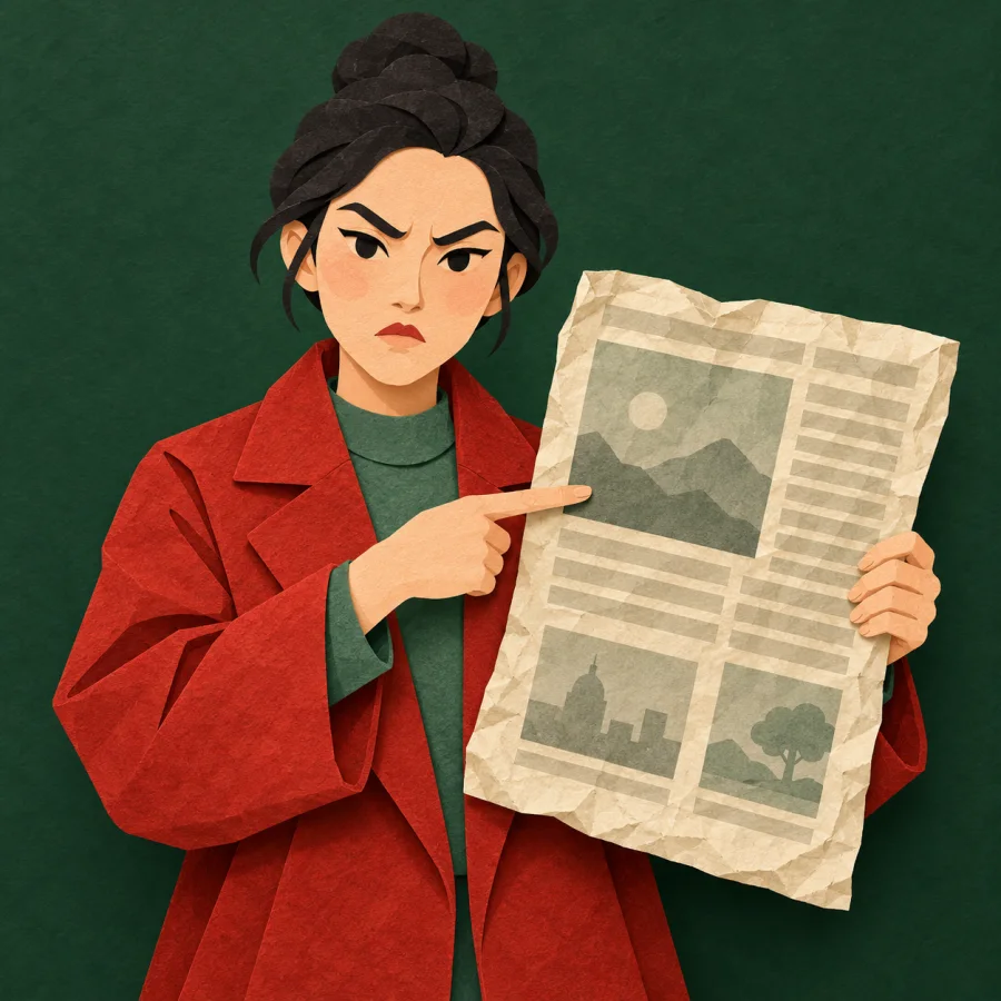 A stern person points a finger at a crumpled newspaper page