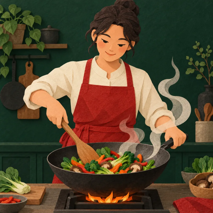 A cook in a red apron stirs a wok while steam rises