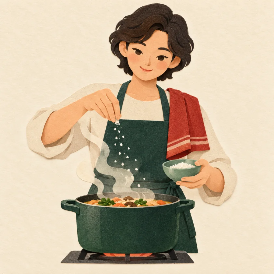 A person sprinkles seasoning into a steaming pot on a stove