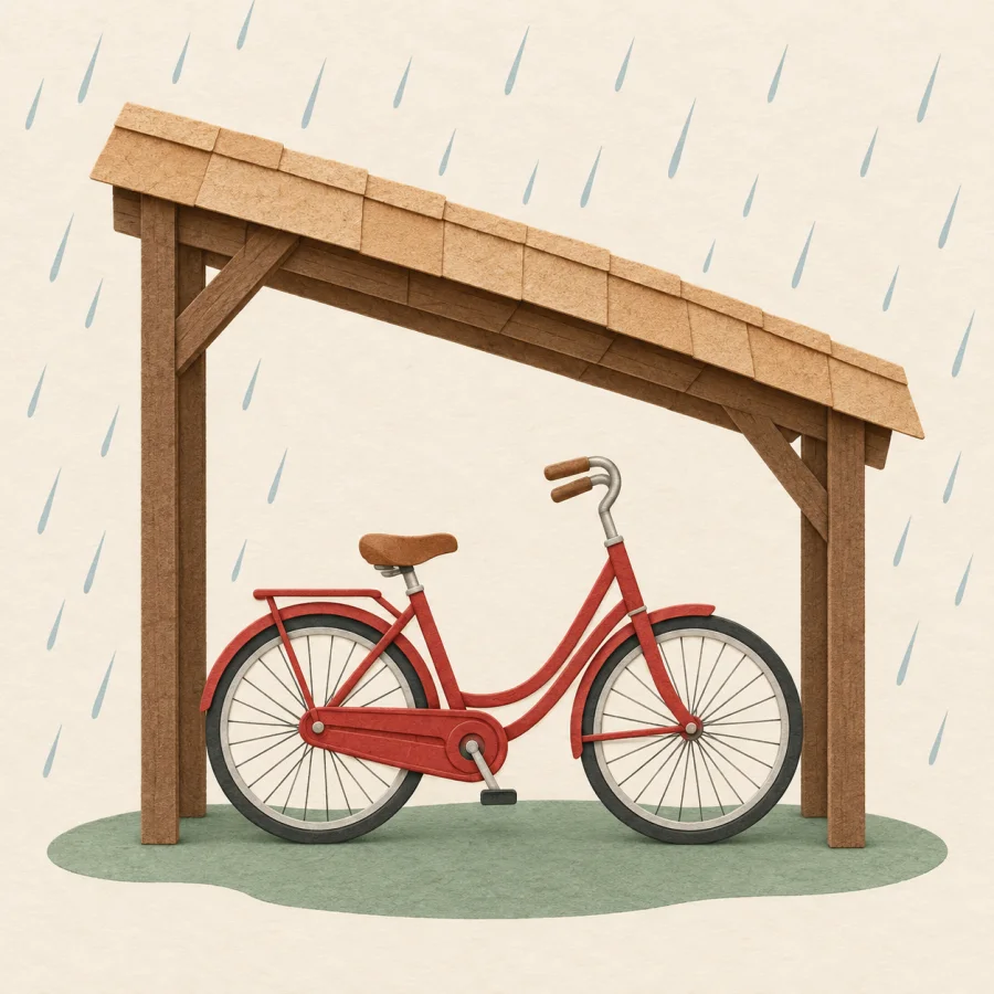 A shed on posts in the rain with a bicycle under it