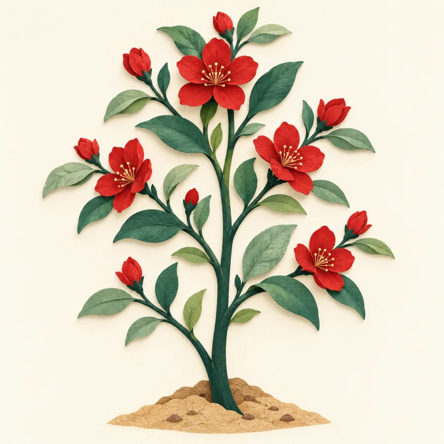A tall sapling with green leaves and red blossoms