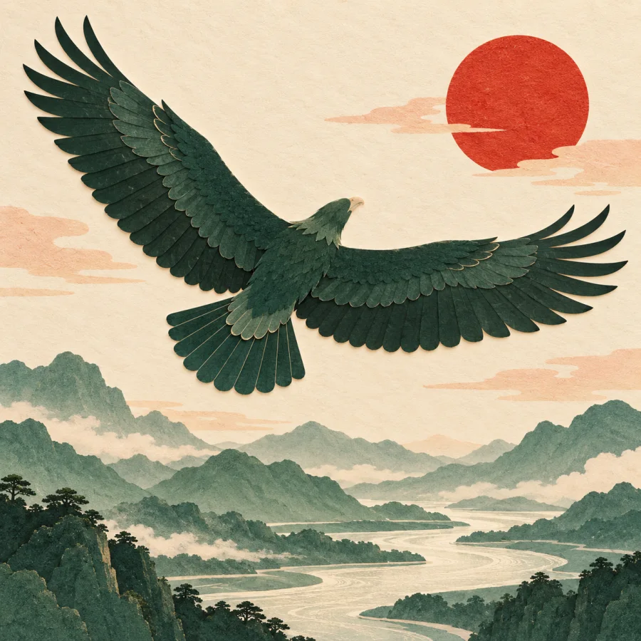 A large bird soars over mountains toward a red sun