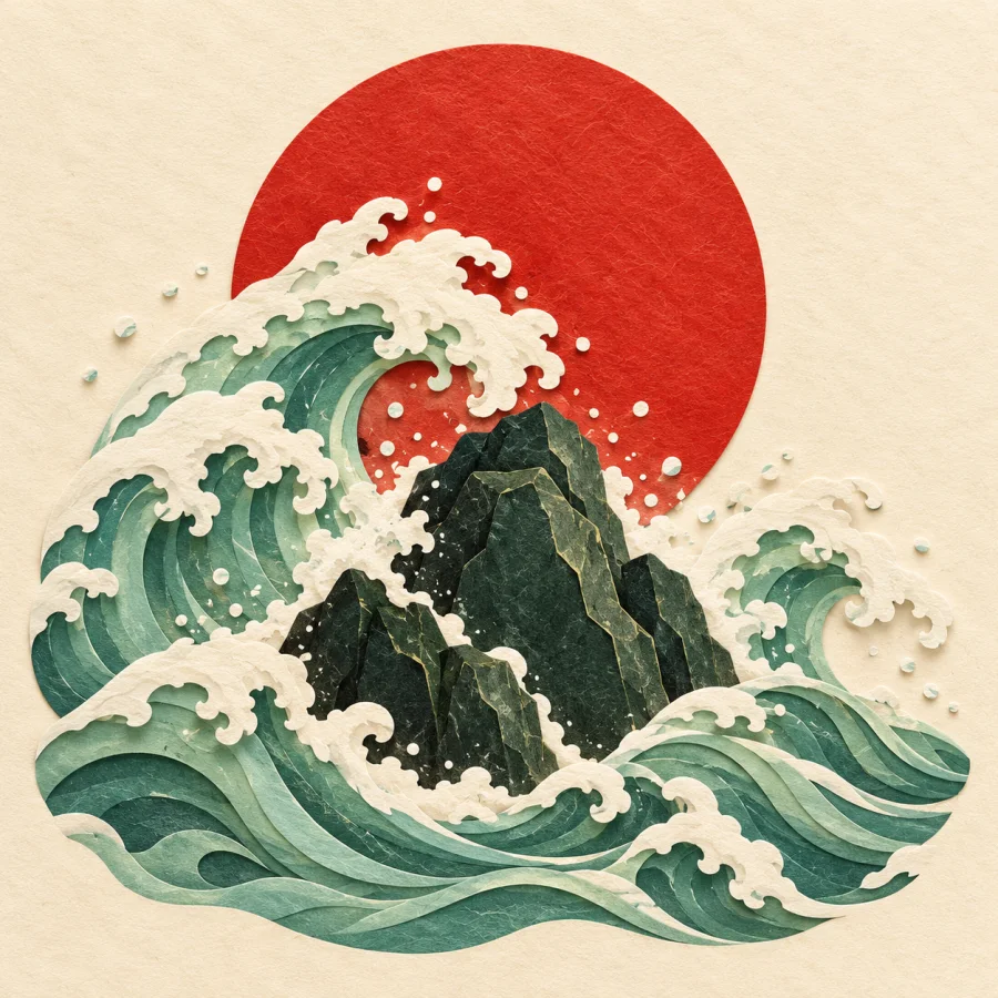Big green waves crash against a dark rock under a red sun