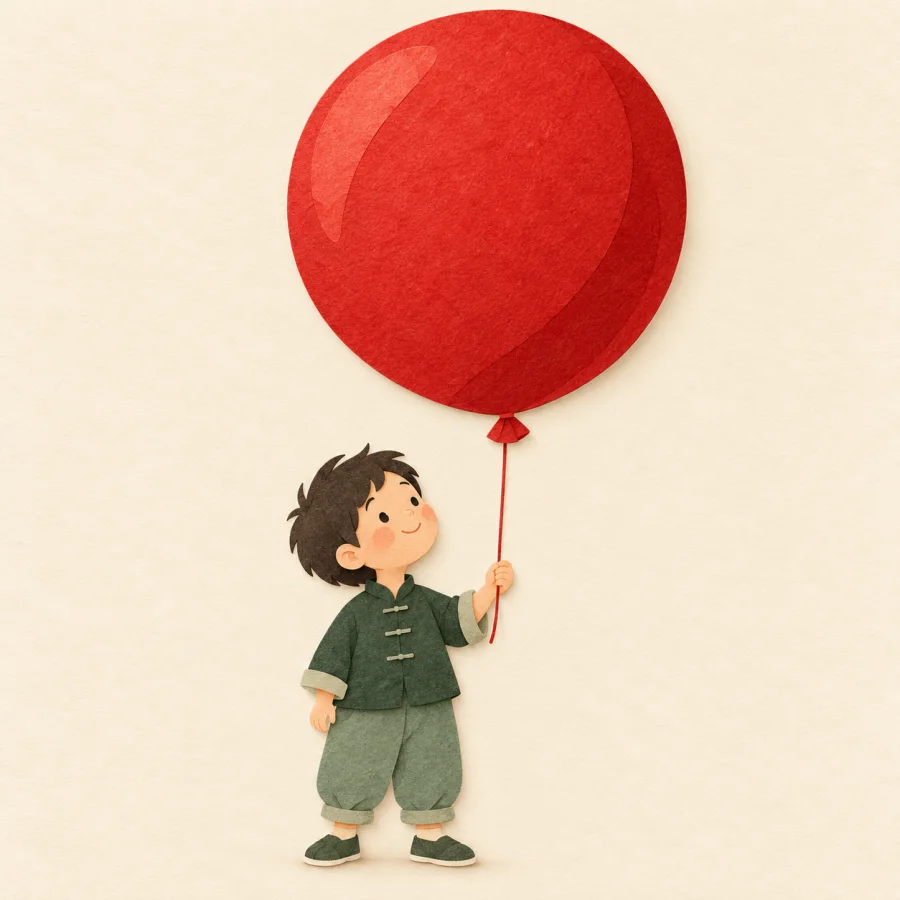 A child holds a huge red balloon