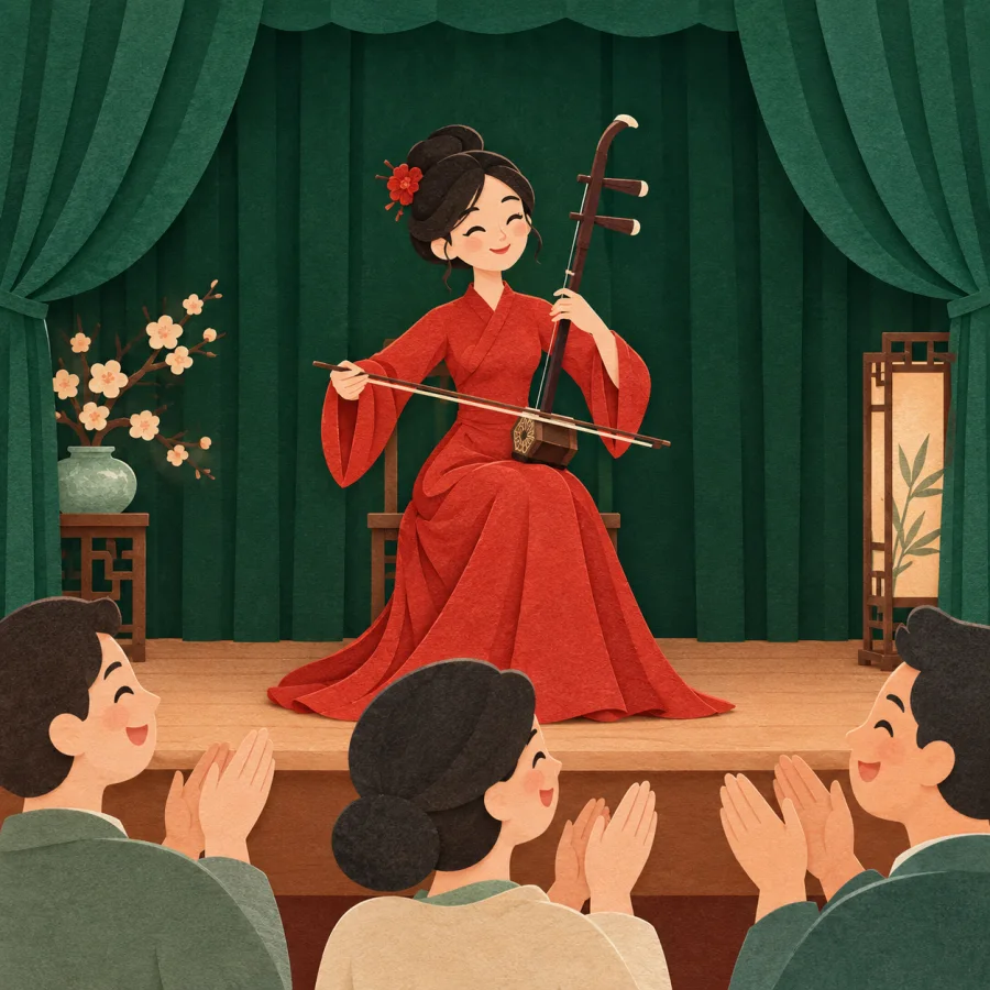 Smiling spectators clap for a performer on a small stage