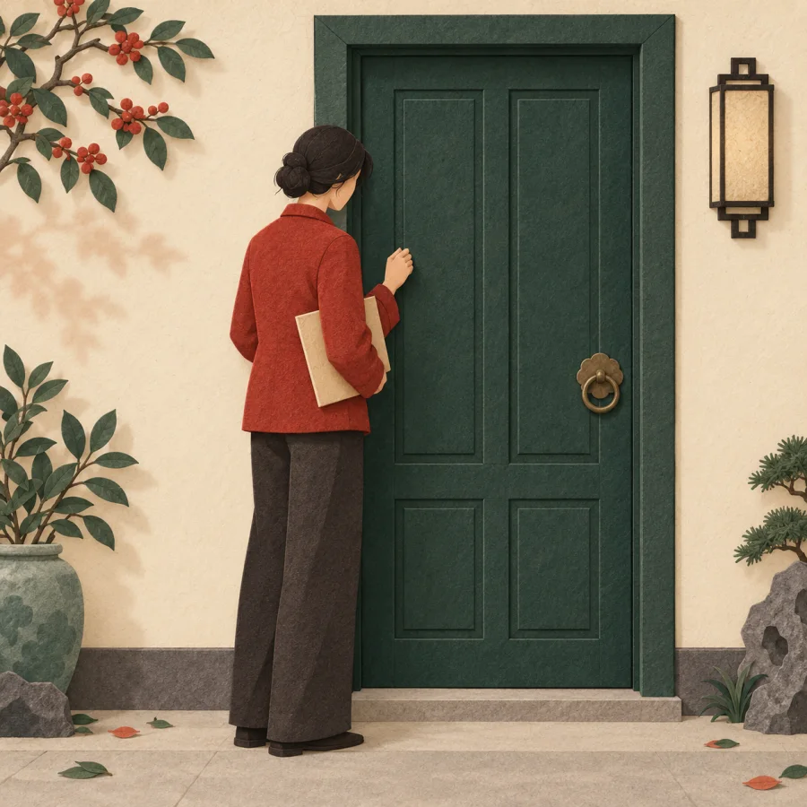 A person with a folder stands dejected before a closed door