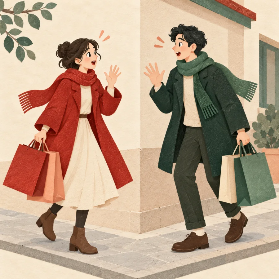 Two people meet unexpectedly at a street corner, both surprised