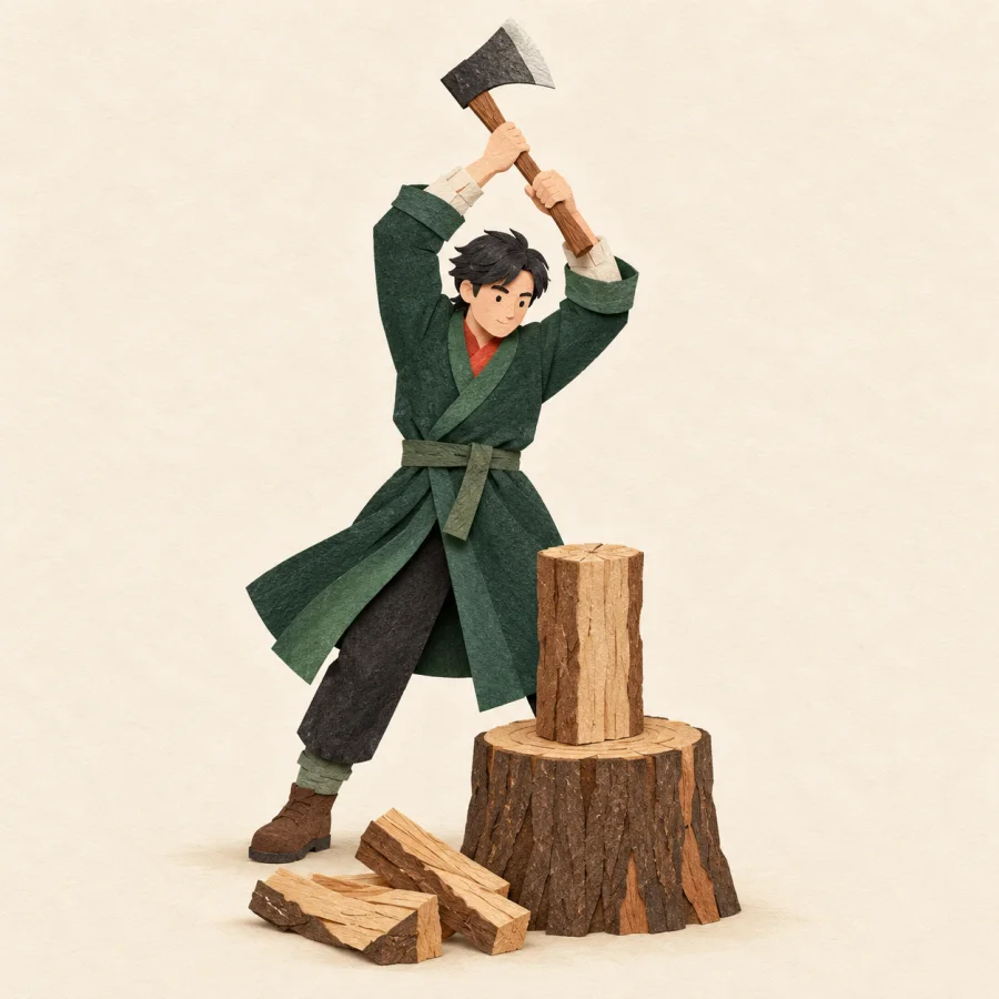 A person raises an axe above a log on a stump
