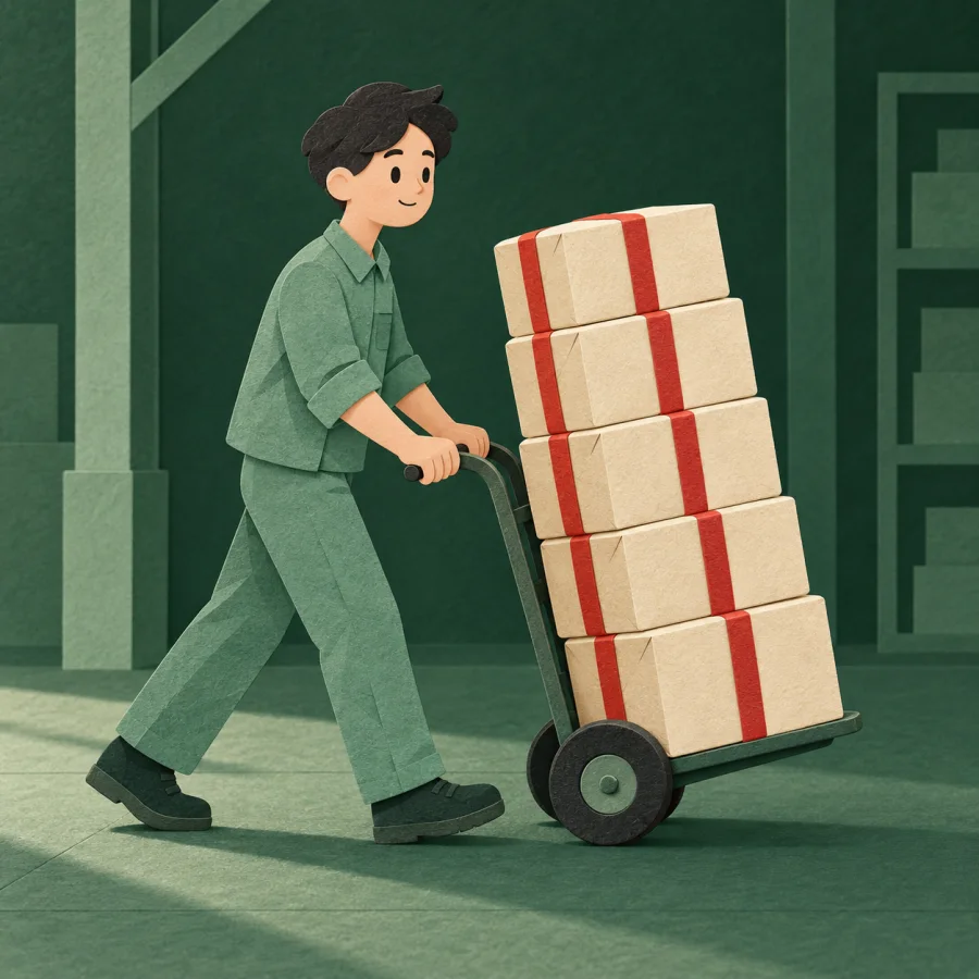 A person pushes a hand truck with tall stacks of identical boxes