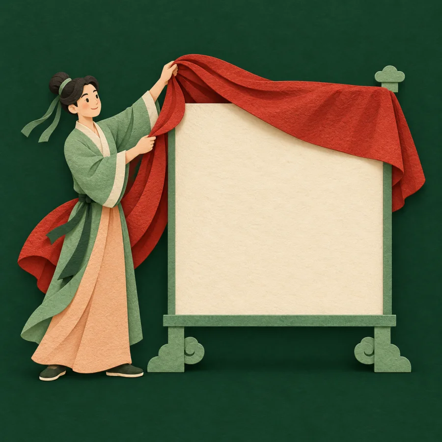 A person pulls a red cloth off a covered signboard