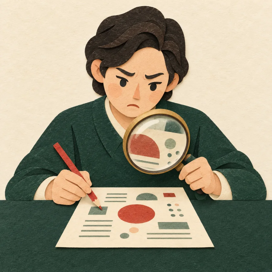 A frowning person examines a page through a magnifying glass
