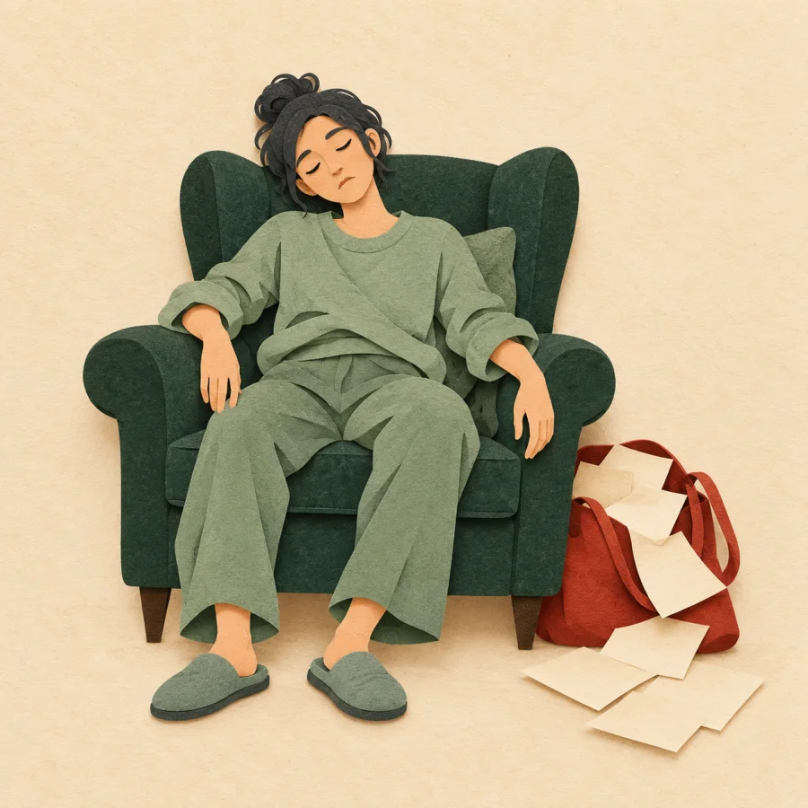 A person slumps in an armchair, papers spilling from a bag