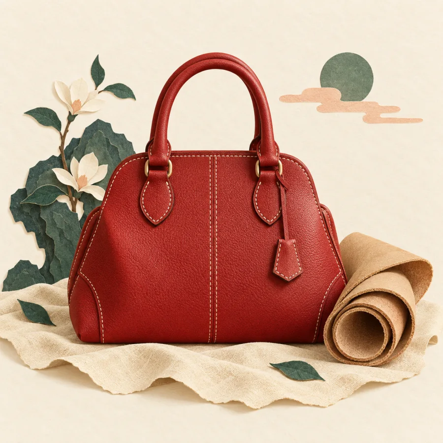 A red leather handbag beside a rolled sheet of leather