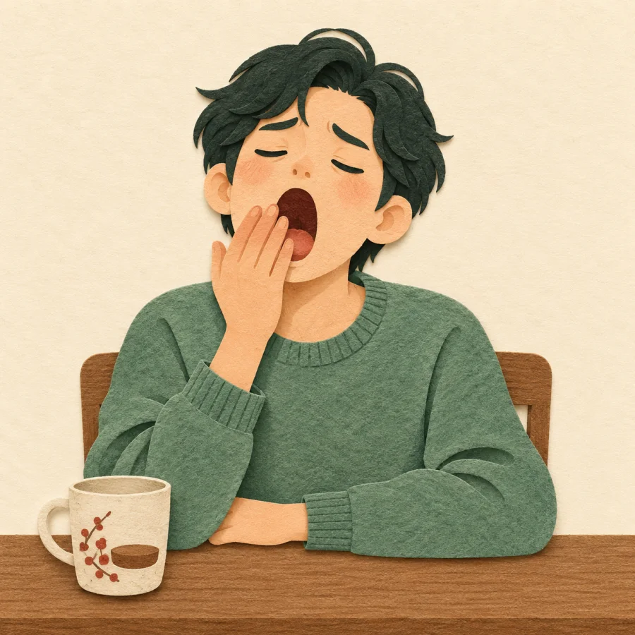 A person yawns at a desk with drooping eyelids and a cup