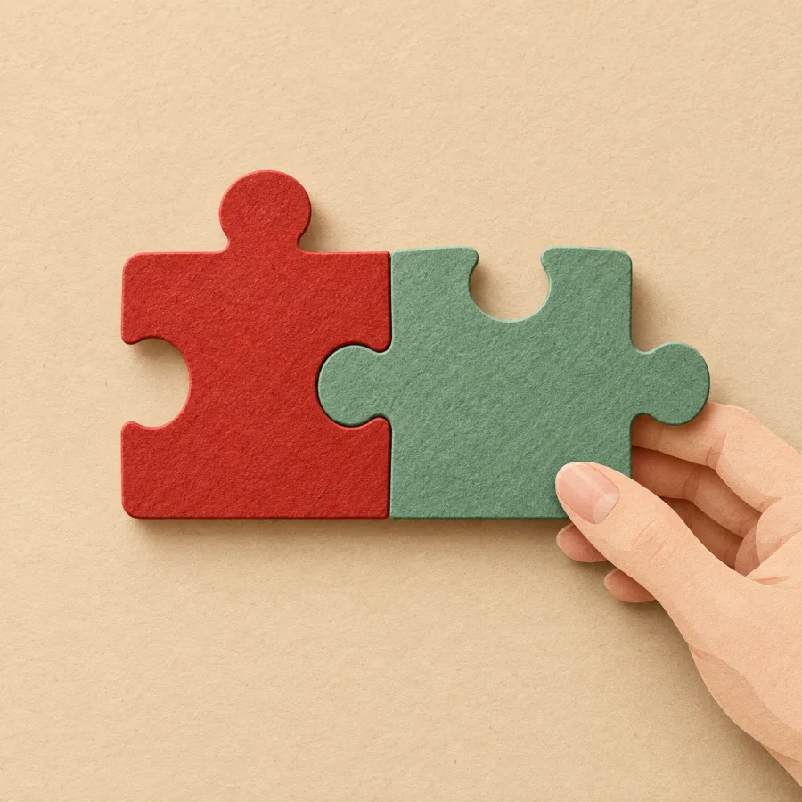 Two puzzle pieces, red and green, fit together perfectly