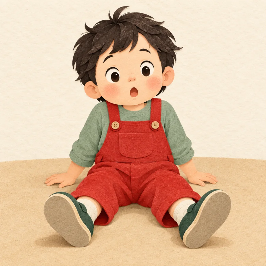 A child in red overalls sits down hard on the floor