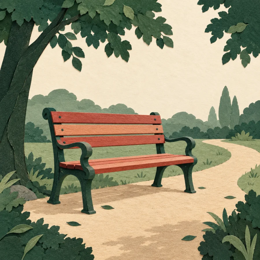 A lone bench beside a narrow path under dark trees