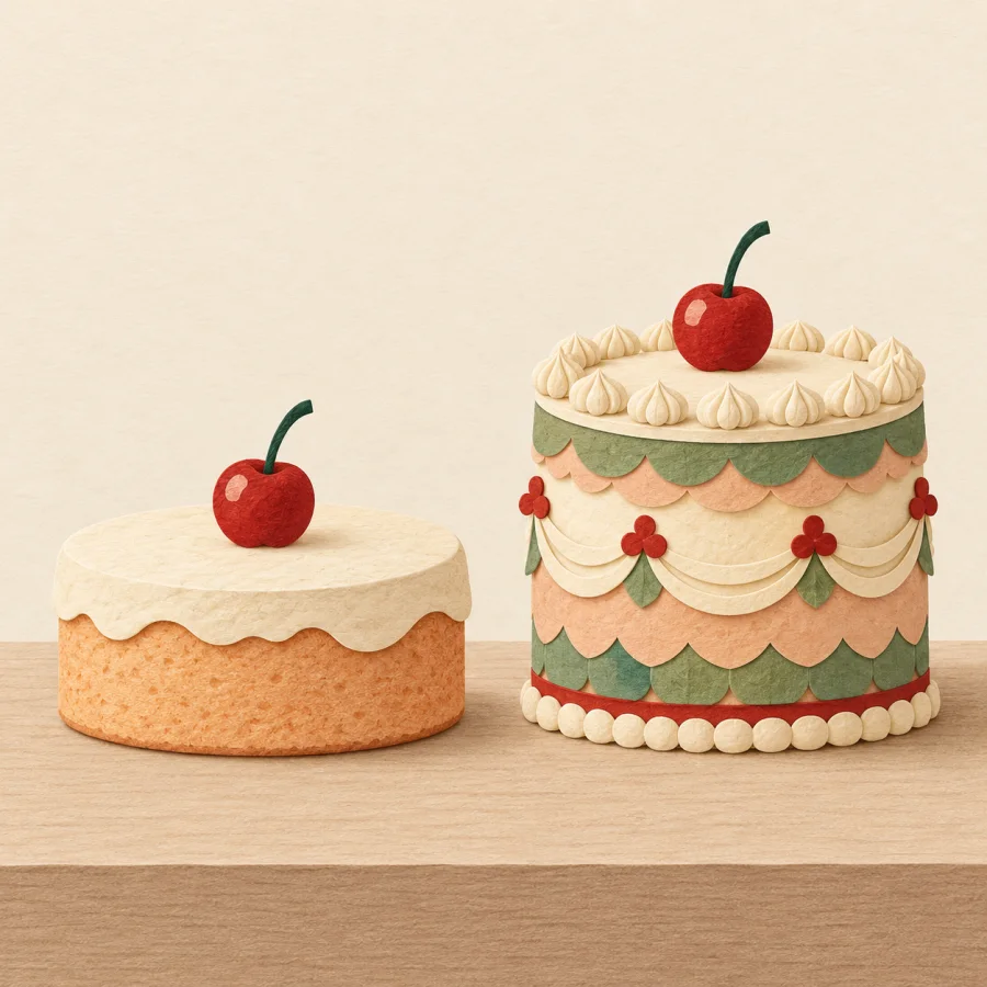 Two cakes side by side, a homemade one and a tall decorated one