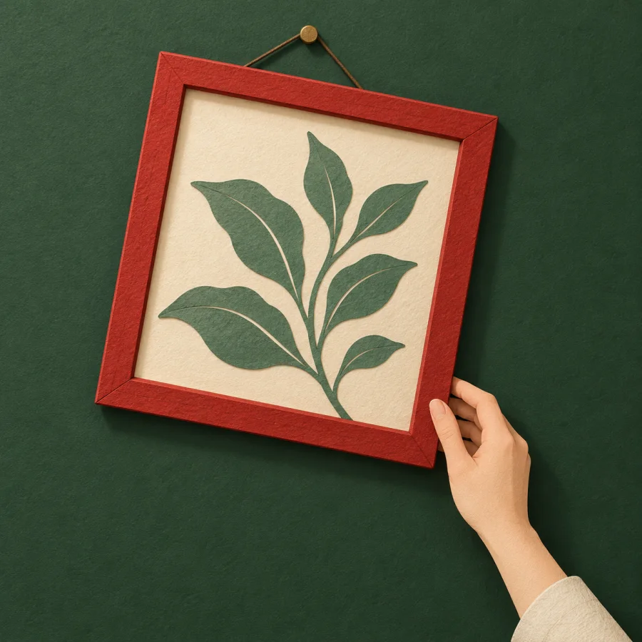 A red picture frame hangs crooked on a dark wall