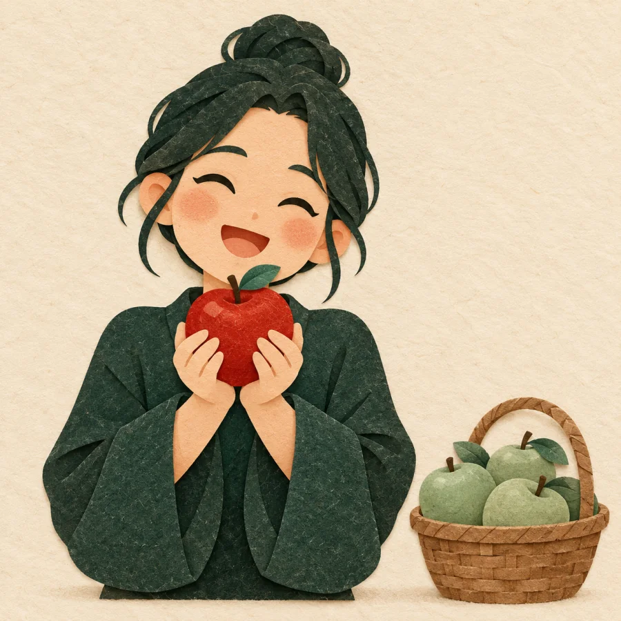 A person hugs one red apple beside a basket of green ones