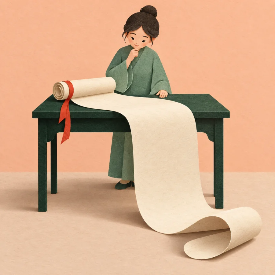 A very long scroll lies across a table and down to the floor
