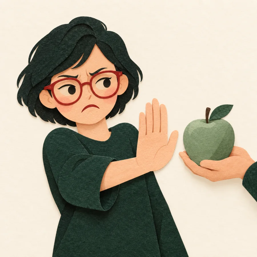 A person in big red glasses frowns at a green apple